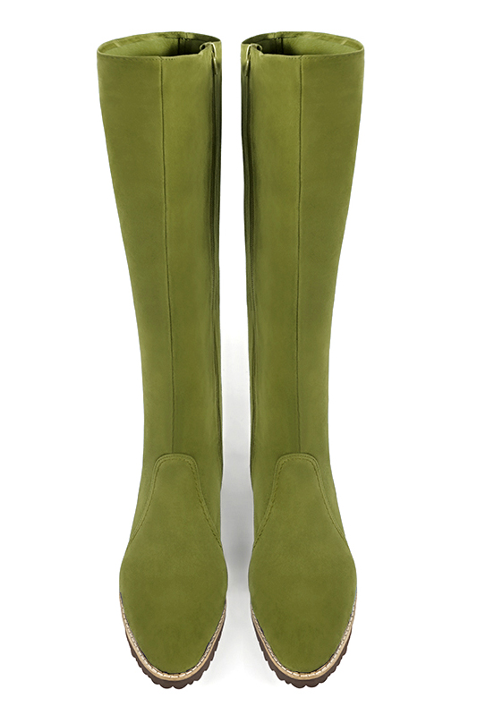 Pistachio green women's riding knee-high boots. Round toe. Flat rubber soles. Made to measure. Top view - Florence KOOIJMAN